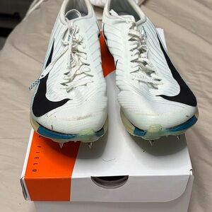 Nike Men Air Zoom Maxfly 2 White Track Spikes with Black Swoosh and Blue Accents